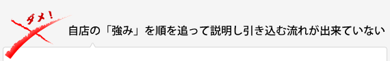 自店の「強み」を順を追って説明し引き込む流れが出来ていない