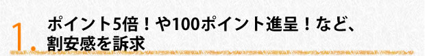 ポイント5倍！や100ポイント進呈！など、割安感を訴求